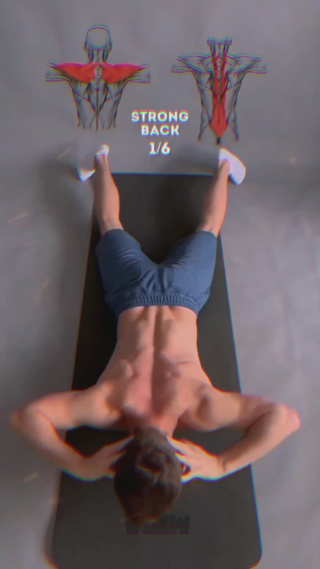 This may contain: a man is doing exercises on a treadmill with the words strong back above him