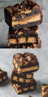 This may contain: fudgey kitkatt brownies are stacked on top of each other with the words, fudgey kitkatt brownies