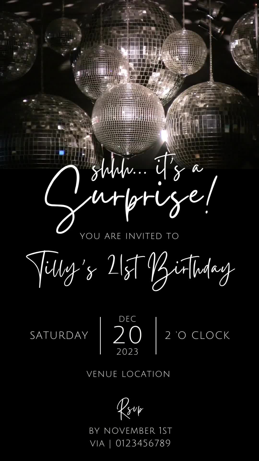 This contains: silver disco ball surprise birthday party invitation digital video