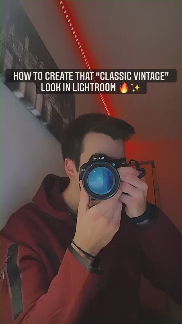 This may contain: a man taking a photo with a camera in front of him that says, how to create that classic vintage look in lightroom