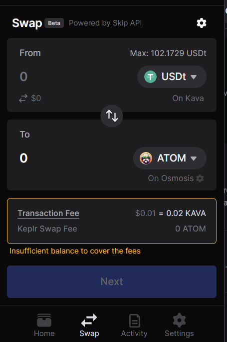 r/kava_platform - Could anyone help me with this? I'm trying to swap from USDt to ATOM using Keplr wallet but it keeps telling me that I have "Insufficient balance to cover fees". Sorry if this isn't the right subreddit, I don't know much about crypto. 