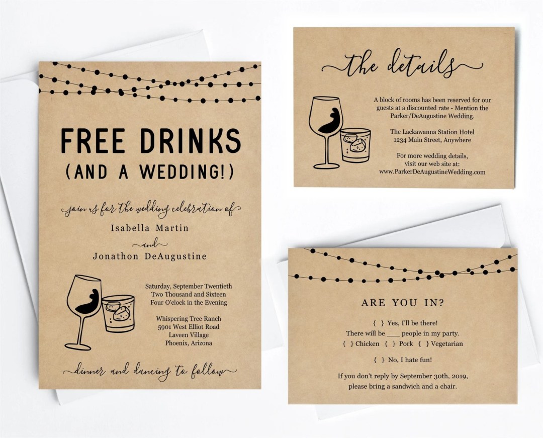 funny wedding invitation free drinks alternative wedding ideas from Offbeat Wed (formerly Offbeat Bride)