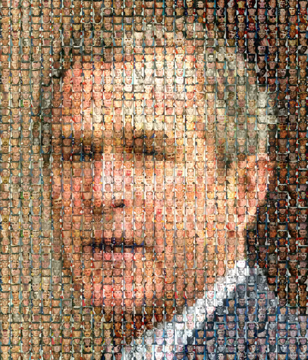 Mosiac of soldiers faces arranged to portray Bush