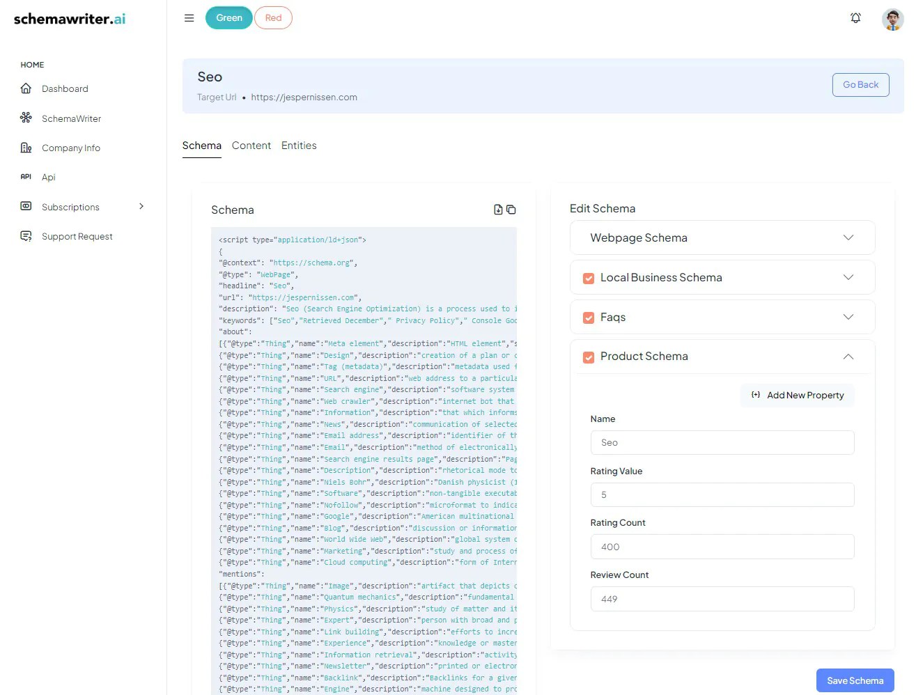 Automated webpage schema generation and entity optimized content