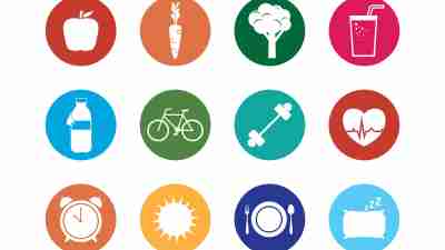 Collection of circle vector icons representing health, fitness, nutrition and well-being