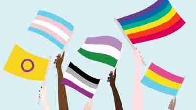 Several pride flags held aloft by different hands.