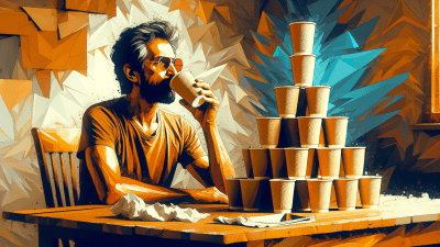 Middle-aged white man in sunglasses sipping from a coffee cup at a table with a pyramid of paper coffee cups in front of him.