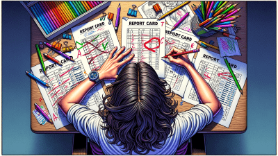 Bird's eye view of a Caucasian woman with dark brown, wavy hair, sitting at a wooden desk filled with papers labeled 'Report Card.' She is humorously rewriting her childhood grades, visibly changing 'C-' and 'D' grades to 'A+' with a red pen. A vibrant assortment of colored pencils and pens are neatly arranged on the right side of the desk. The overall scene is rich with details and colors, conveying a blend of determination and whimsy Image generated by AI.