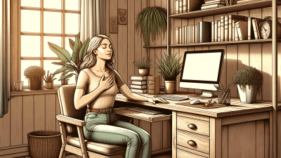 A woman at her desk in her home office. She is practicing self-compassion to reduce her feelings of guilt for not being productive by centering herself, with her eyes closed and a hand to her chest, in a serene and cozy setting. The image uses detailed line work to emphasize texture and a warm color palette to enhance the ambiance of tranquility. Generated by AI.