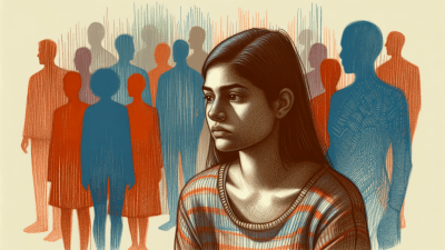 Artistic illustration of a young woman who is experiencing social anxiety. She has a thoughtful and slightly uneasy expression. She is wearing a striped t-shirt and is depicted in the foreground with a vibrant array of colors in red, blue and orange hues. Behind her, a background features silhouetted figures of people in various shades of blue and reddish-orange, appearing both distinct and overlapping, which illustrates a sense of crowded isolation. The entire scene uses color pencil sketch techniques with pointillism and textured lines that enrich the emotional depth. Image generated by AI.