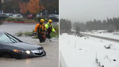 People in high-vis jackets walk next to a car submerged in floods on the left of a split screen with a snowy road on the right