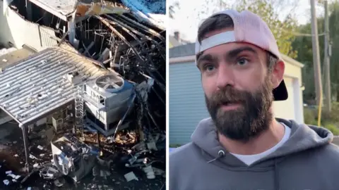 split screen of building damage and a man