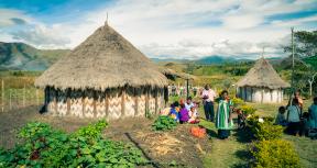 Sara village, Papua New Guinea - July 2015: Native people stand near their house on beautiful sunny day and look to photocamera at Sara village in Papua New Guinea. Photo: Michal Knitl/ShutterStock