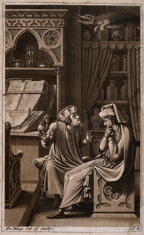 Poor Henry consults a doctor in Salerno about his leprosy: they sit opposite each other in the doctor's study while the doctor explains his remedy. Aquatint by F. Hegi, 1810.