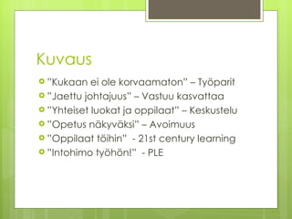 Kuvaus ” Kukaan ei ole korvaamaton” – Työparit ” Jaettu johtajuus” – Vastuu kasvattaa  ” Yhteiset luokat ja oppilaat” – Keskustelu ” Opetus näkyväksi” – Avoimuus ” Oppilaat töihin”  - 21st century learning ” Intohimo työhön!”  - PLE 