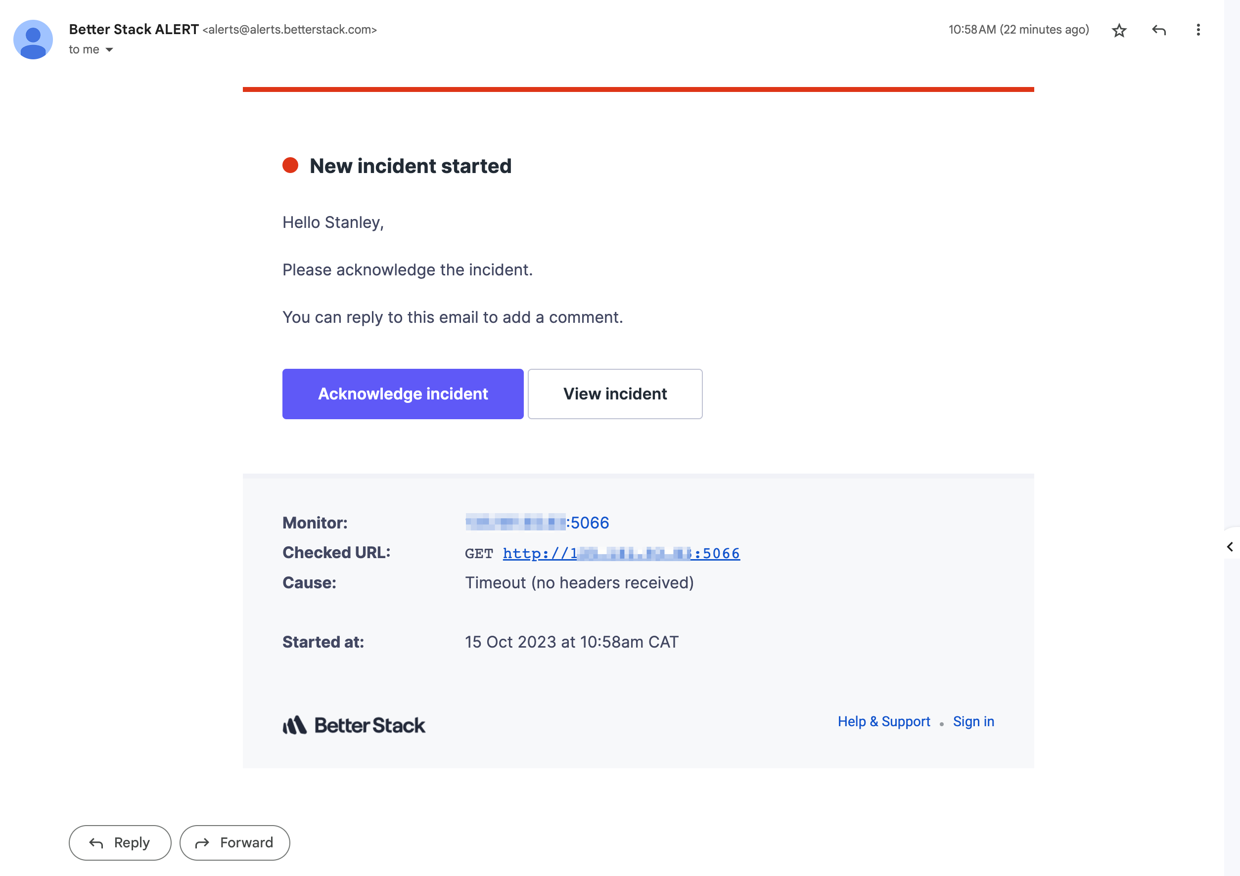 Screenshot showing the email Alert that Better Stack sent