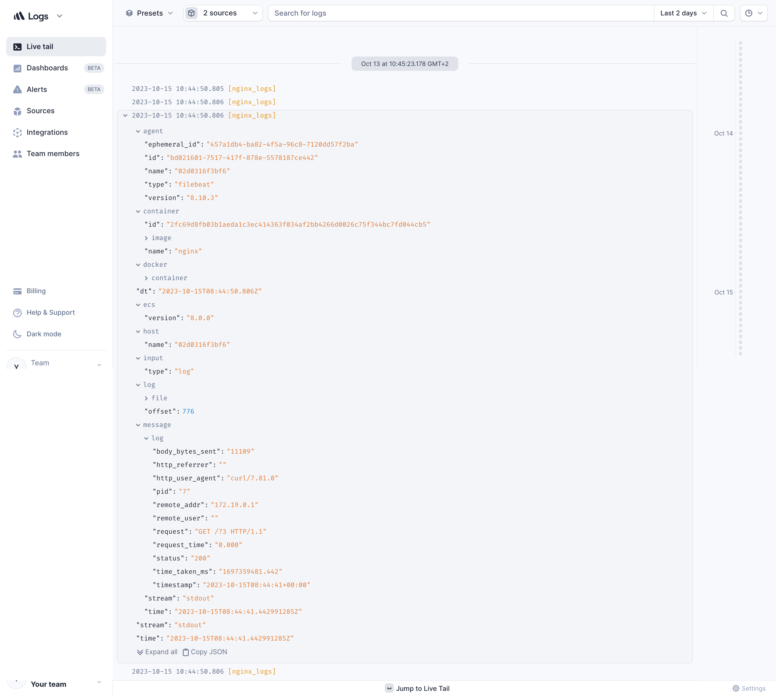 Screenshot of Nginx logs in Better Stack