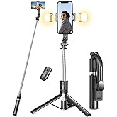 Selfie Stick Tripod with Light, 45'' Selfie Stick with Wireless Remote, Portable Phone Tripod Compatible with iPhone 15 Pro M