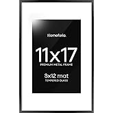 Homeforia - 11x17 inch Metal Picture Frame - 11 x 17 Aluminum Photo Frames - 8x12 Mat - Tempered Glass - Wall Hook Included -