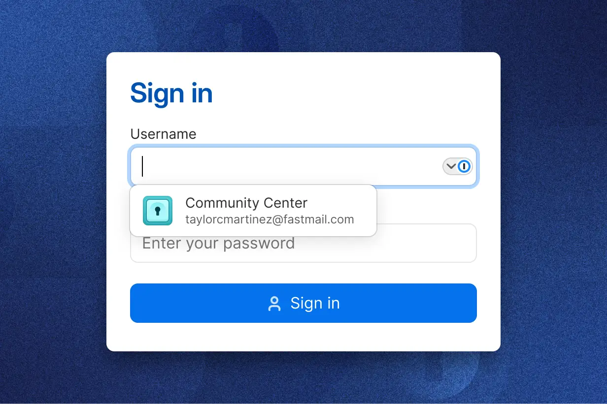 Sign-in page displaying fields for Username and Password. The username field is filled out and an autofill password suggestion from 1Password is shown in the dropdown in the password field. There is a 'Sign in' button following the password field.