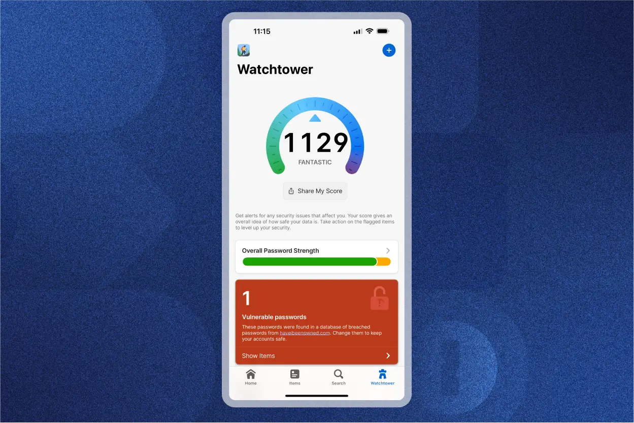 The 1Password app displaying the Watchtower feature for security alerts. The security score is 1129 marked 'Fantastic.' It shows overall password strength, and 1 vulnerable password.