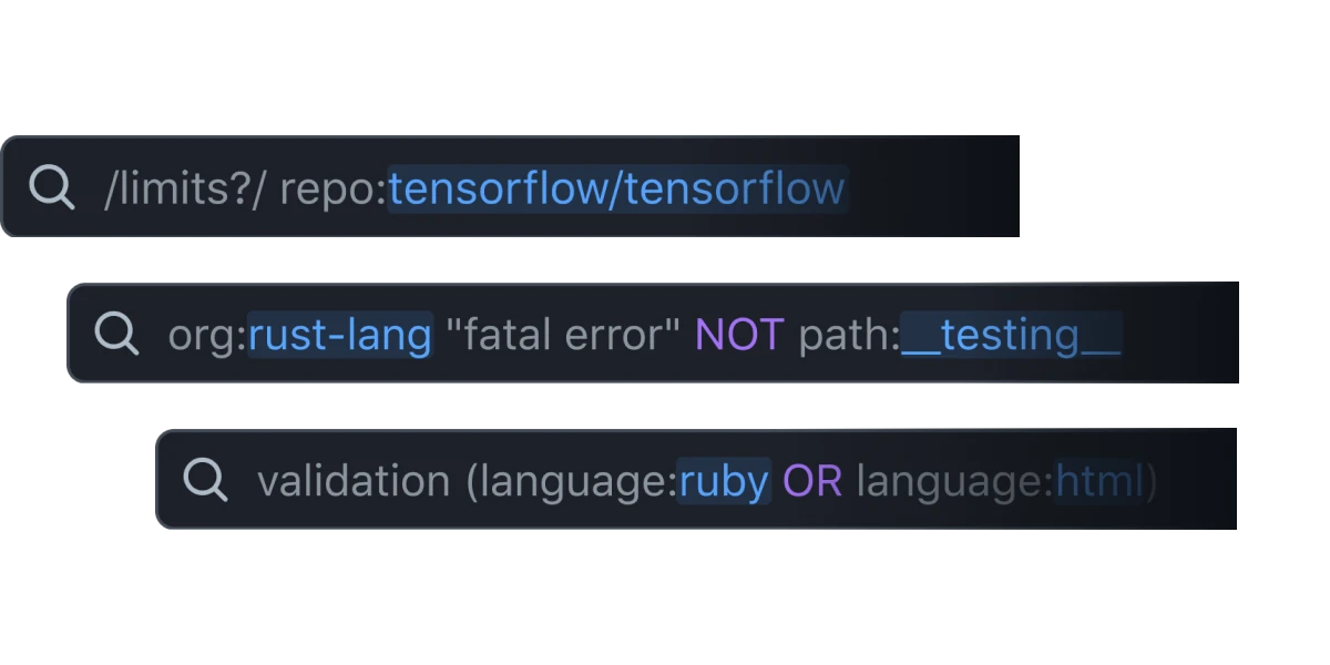 The image displays three search queries. The first query is "org:rust-lang 'fatal error' NOT 'warning'". The second query is "/limits?/ repo:tensorflow/tensorflow". The third query is "validation (language:ruby OR language:python)". This image demonstrates examples of advanced search syntax, likely for use in a code repository or documentation search tool. It highlights the use of specific keywords, logical operators, and regular expressions to refine search results.