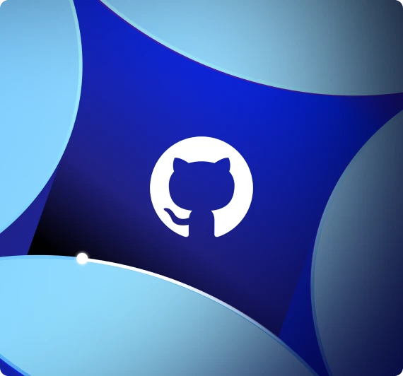 The image shows the GitHub logo, which is a white silhouette of an octocat (a cat with octopus-like arms) inside a white circle. The background consists of abstract blue shapes and gradients, creating a dynamic and modern design. This image is relevant as it represents GitHub, a popular platform for version control and collaboration in software development.