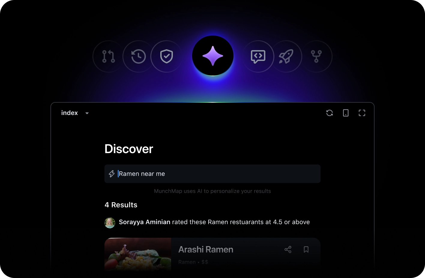 A dark-themed interface labeled "index" shows a search for "Ramen near me" under the "Discover" section. Four results are listed, including one by Sorayya Aminian and another for "Arashi Ramen." A purple star icon is highlighted at the top.