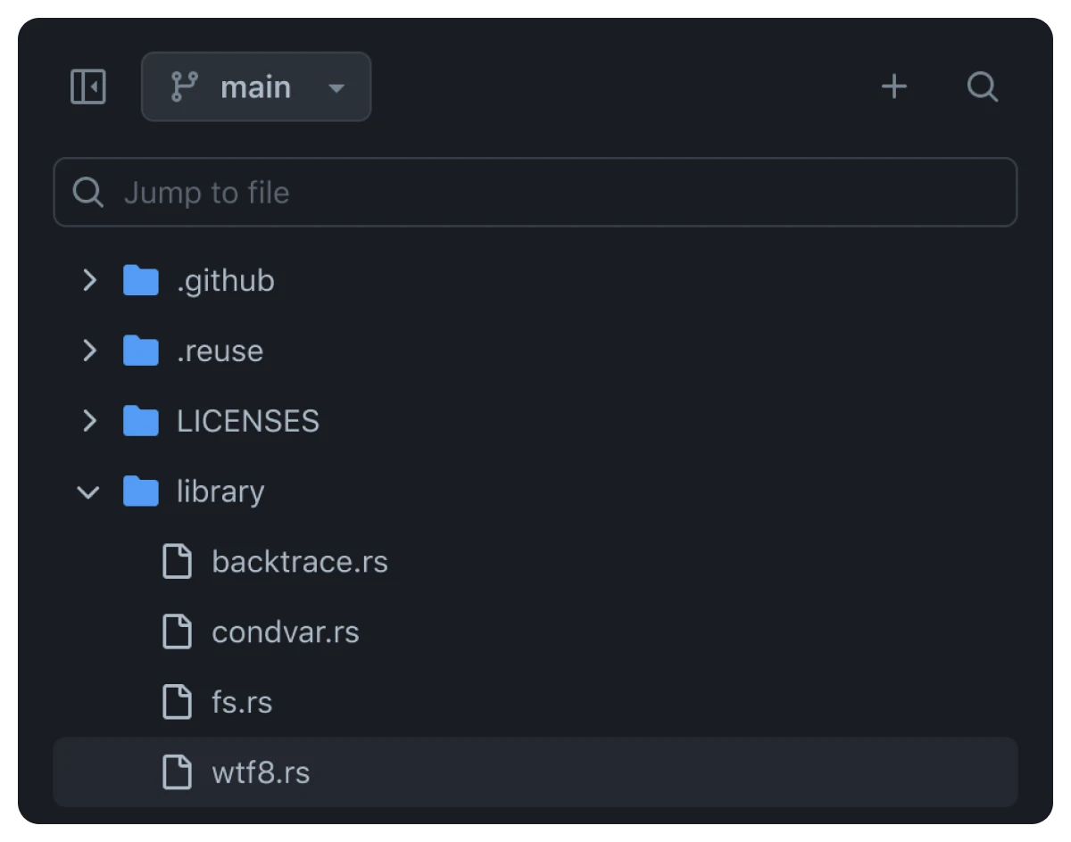 The image shows a screenshot of a file directory in a code repository, likely from GitHub. The directory is named "main" and contains several folders and files. The folders listed are ".github," ".reuse," "LICENSES," "library," and "src." Within the "library" folder, there are four files: "backtrace.rs," "condvar.rs," "fs.rs," and "wtf8.rs."