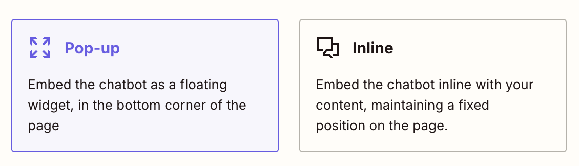 Screenshot of buttons for Pop-up or Inline chatbot embedding