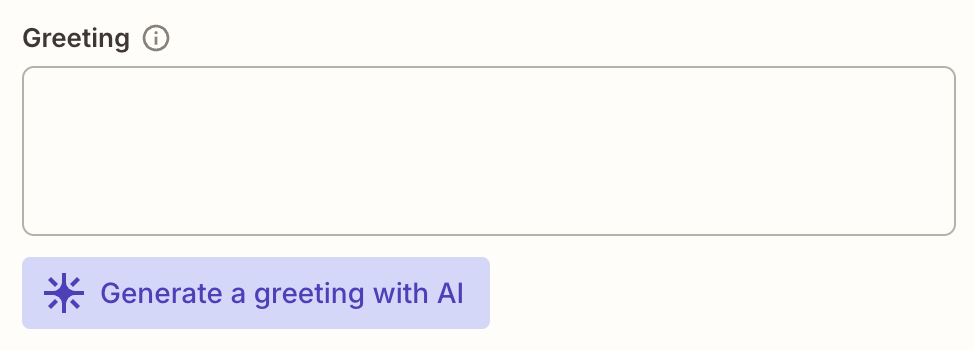 A text field labeled "Greeting" and a button that says "Generate a greeting with AI"