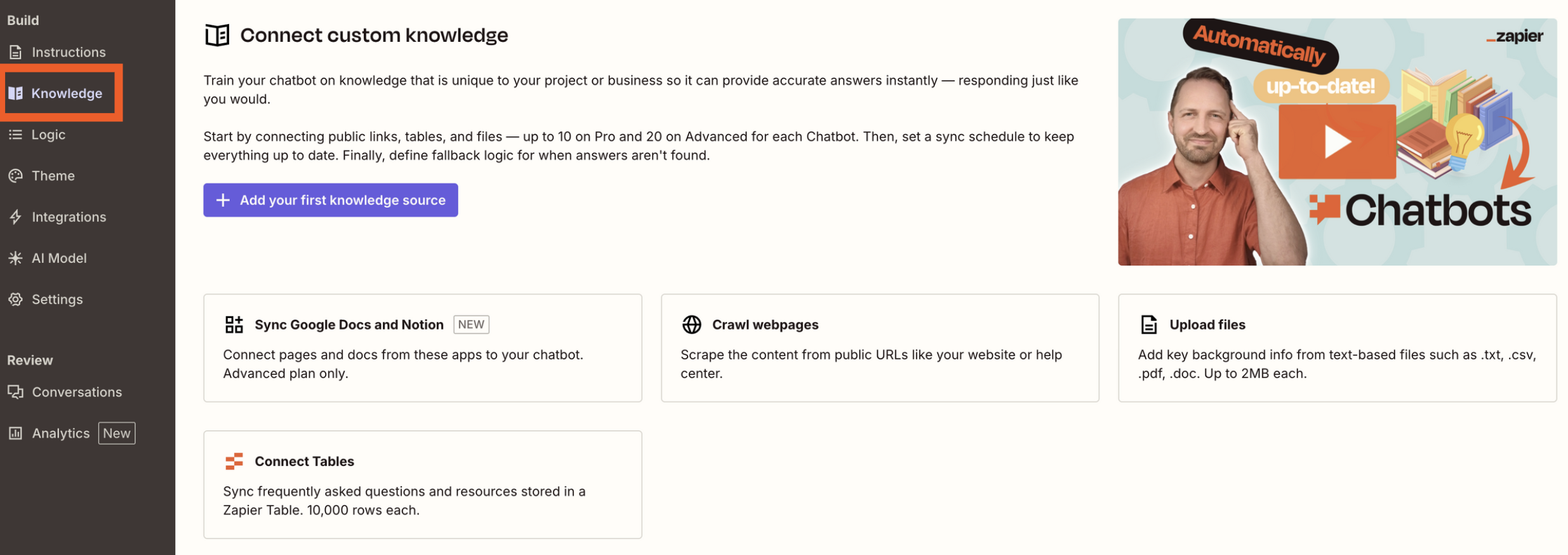 Screenshot of knowledge tab