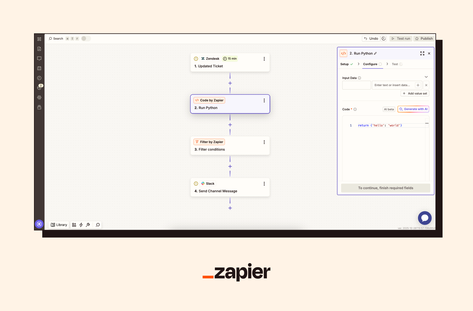 Screenshot of a Zapier customer service workflow automation