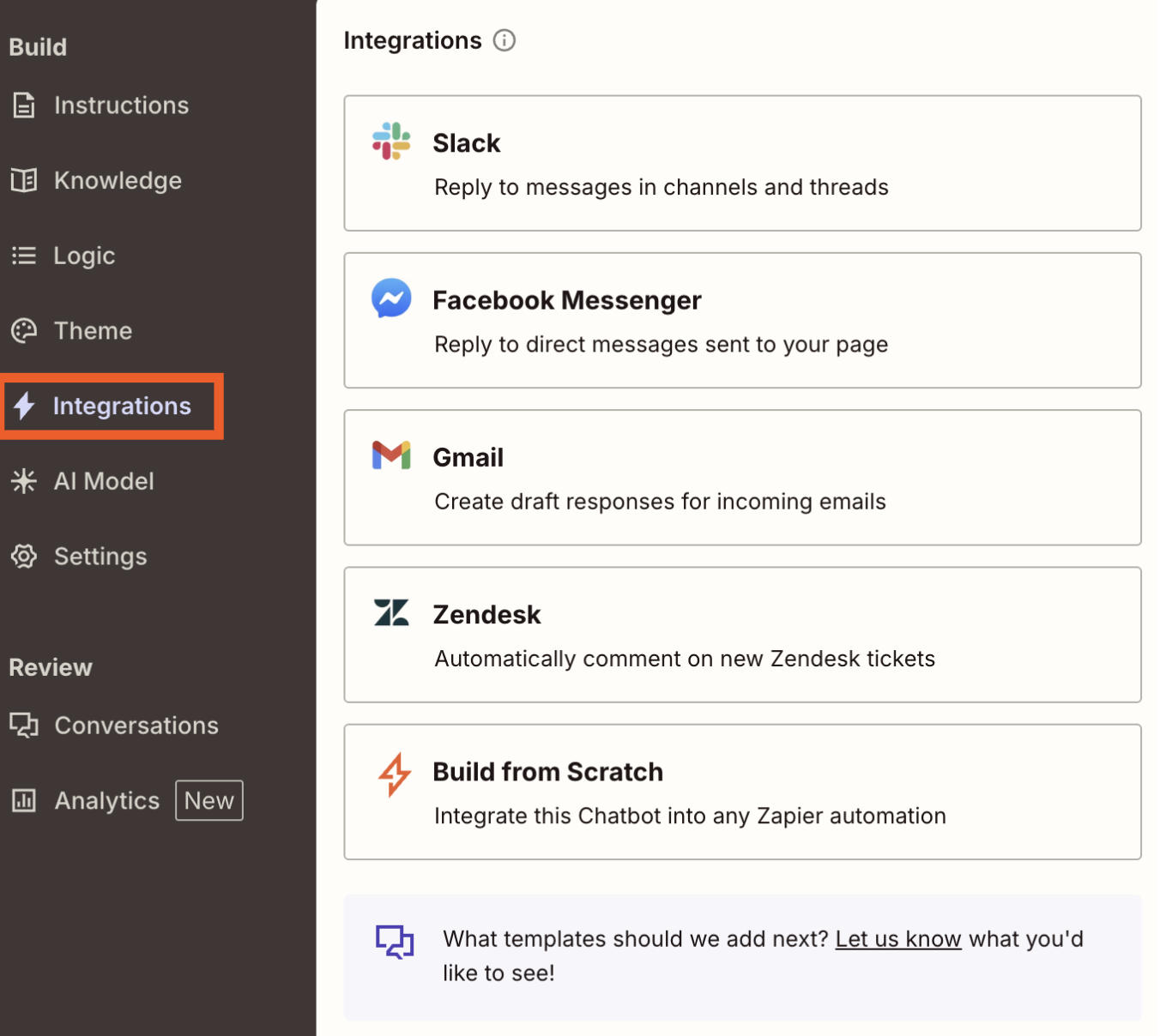 Screenshot of integrations tab