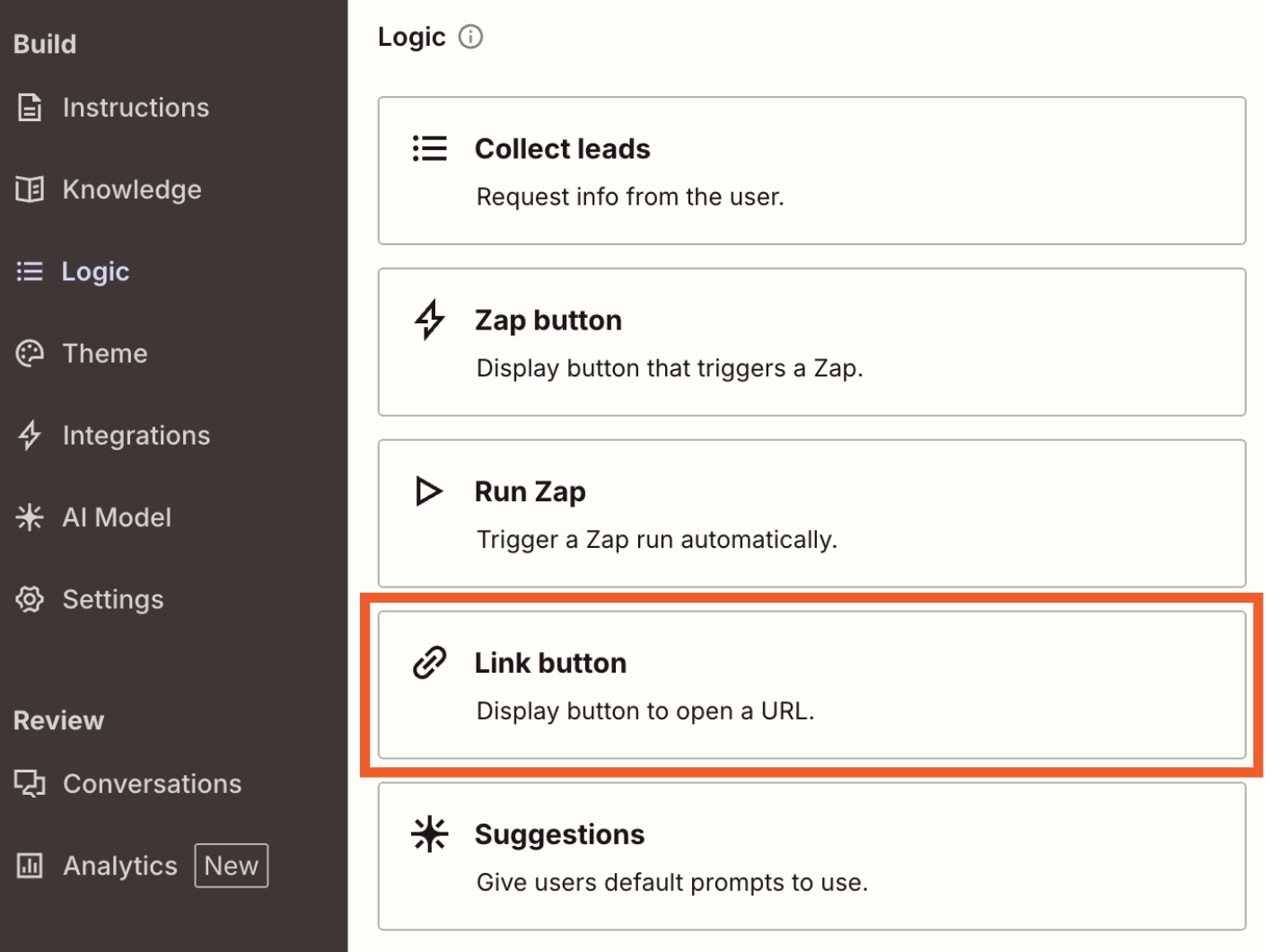 Screenshot of link button option