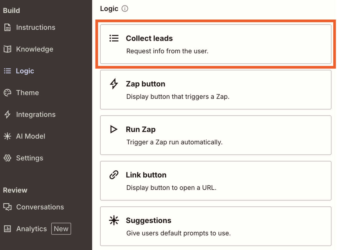 Screenshot of logic tab with collect leads button highlighted