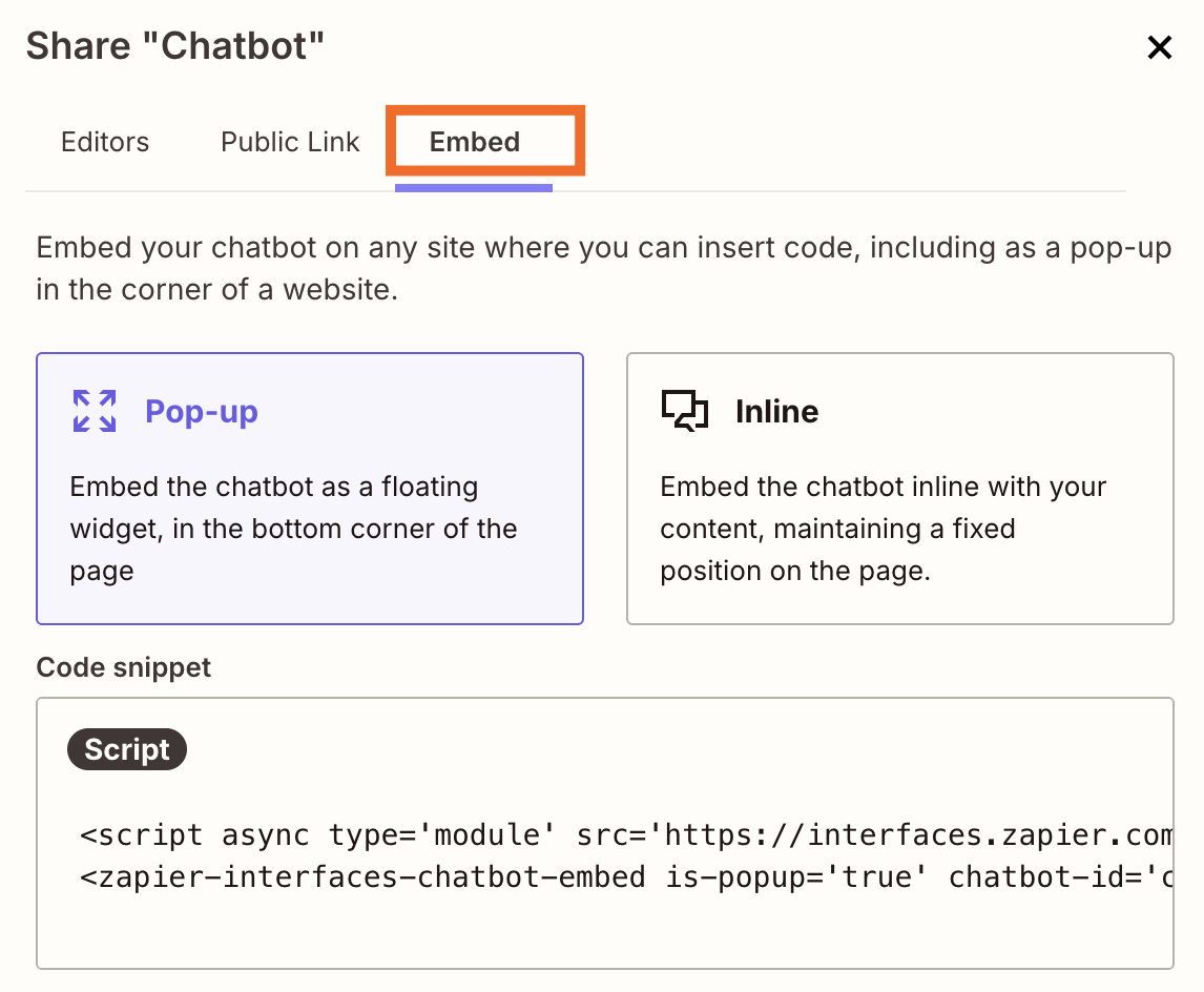 Screenshot of embed button