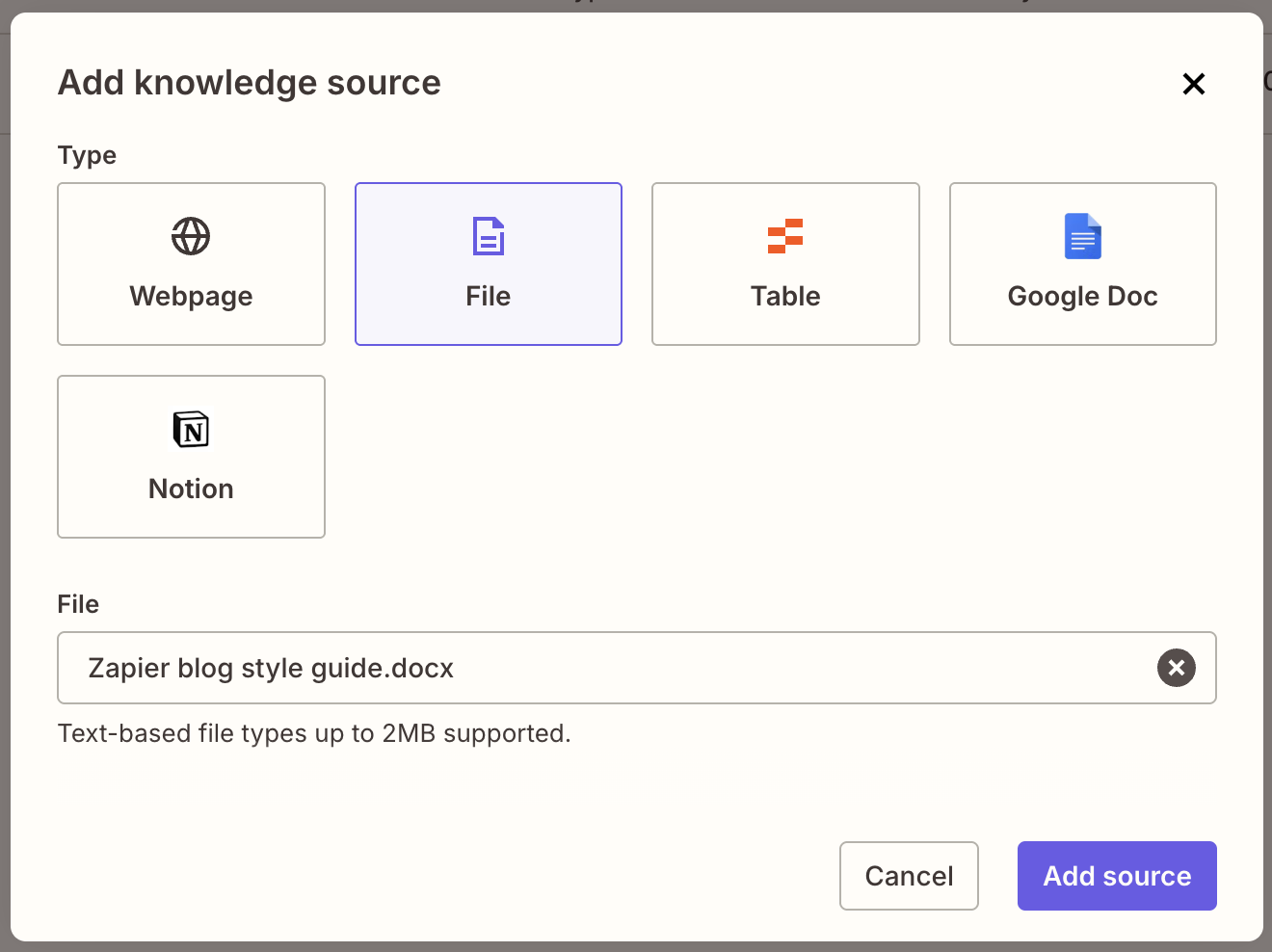 Screenshot of upload file panel