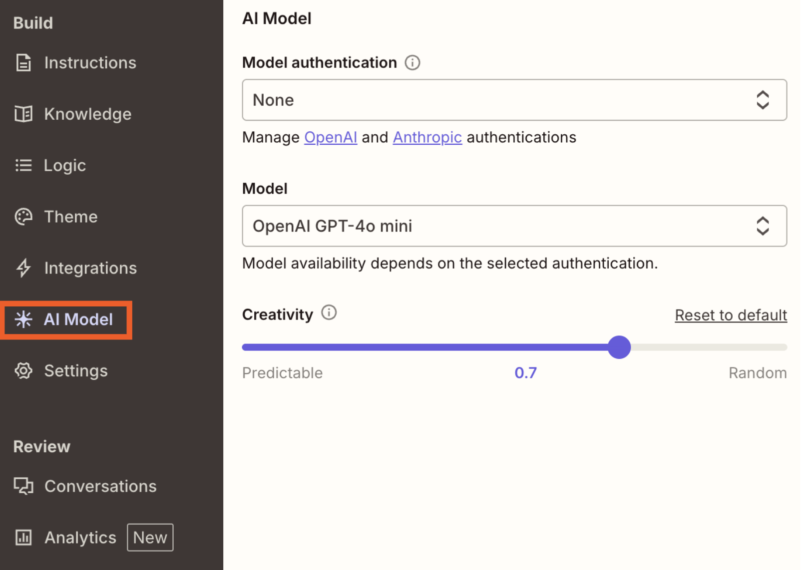 The AI model tab inside Chatbots with options to select your AI tool and creativity level