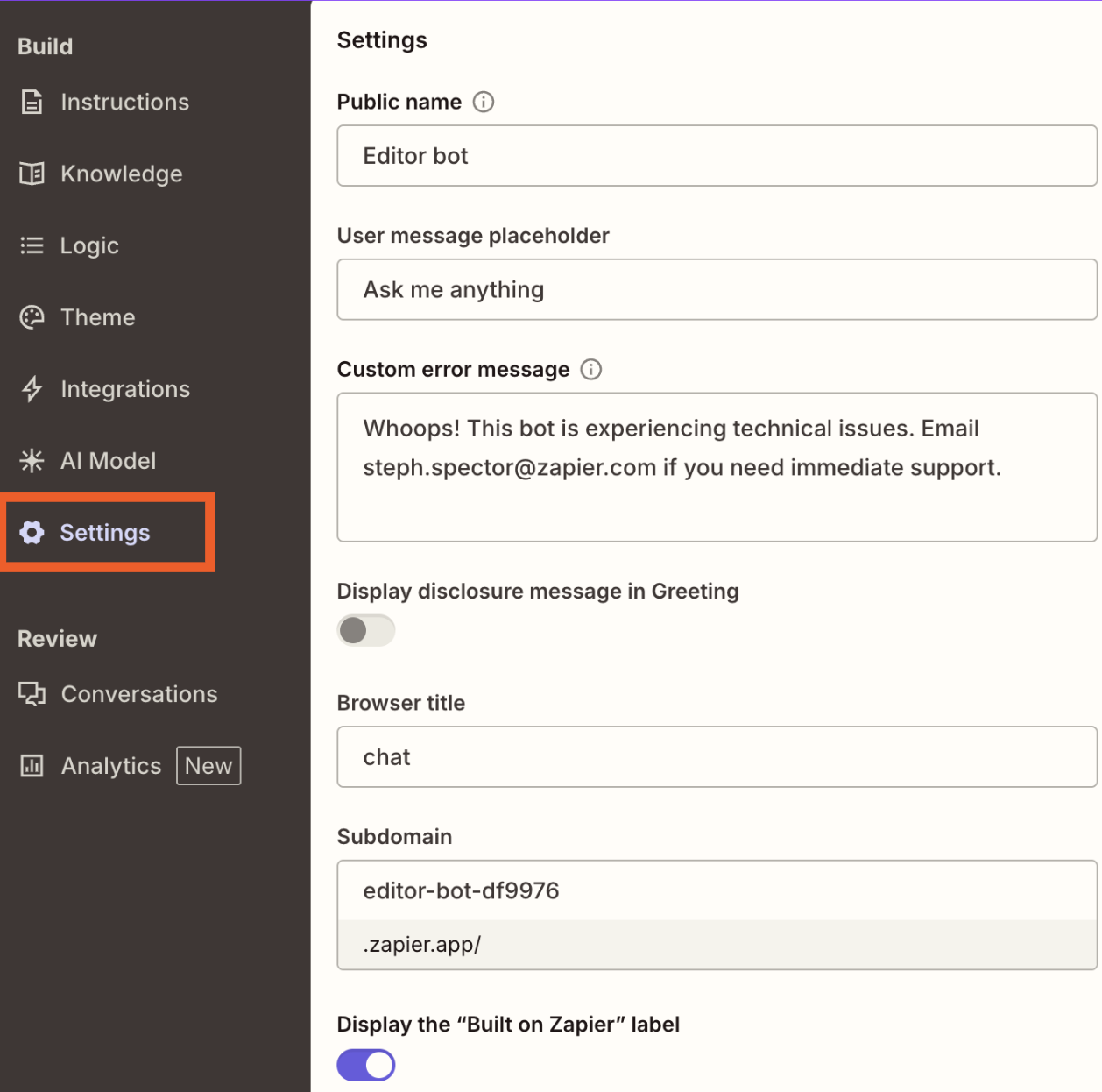 Screenshot of the settings tab