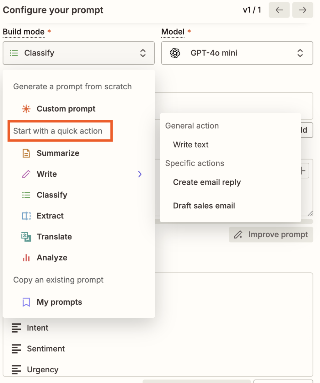 The build mode dropdown menu, with "Start with a quick action" highlighted by an orange box