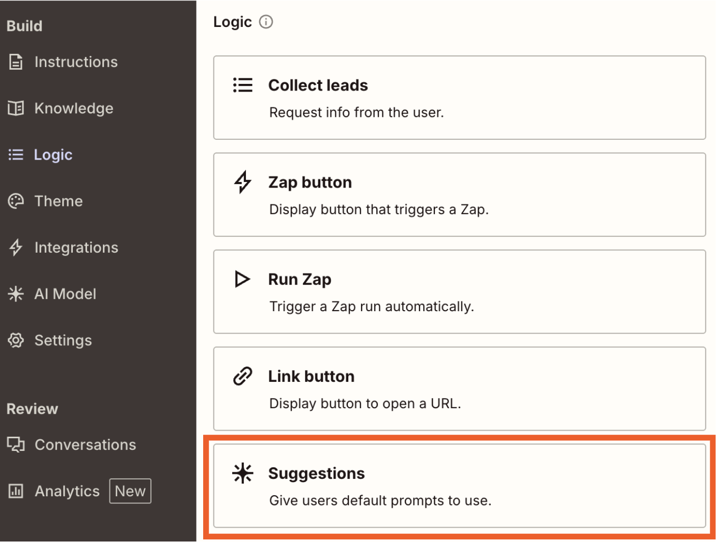 Screenshot of suggestions option in chatbots