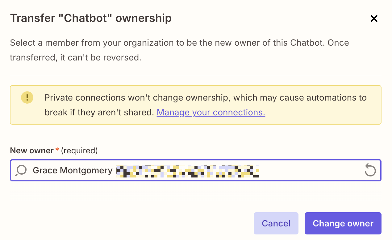 A window for changing chatbot ownership