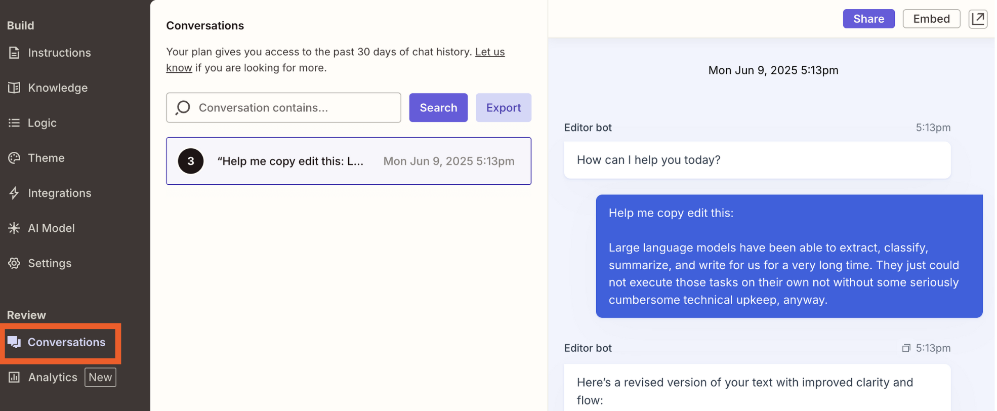 Chatbot conversation log