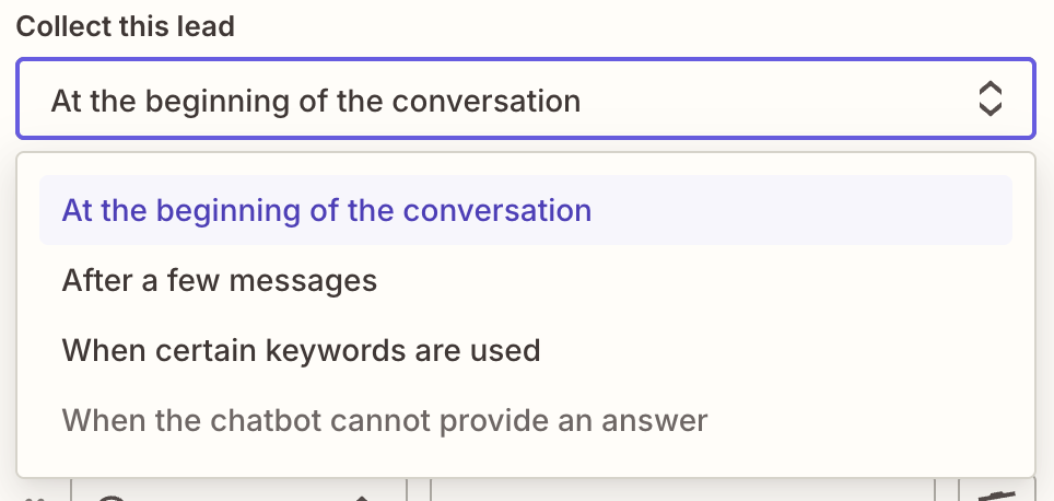 Screenshot of dropdown menu for collecting lead info