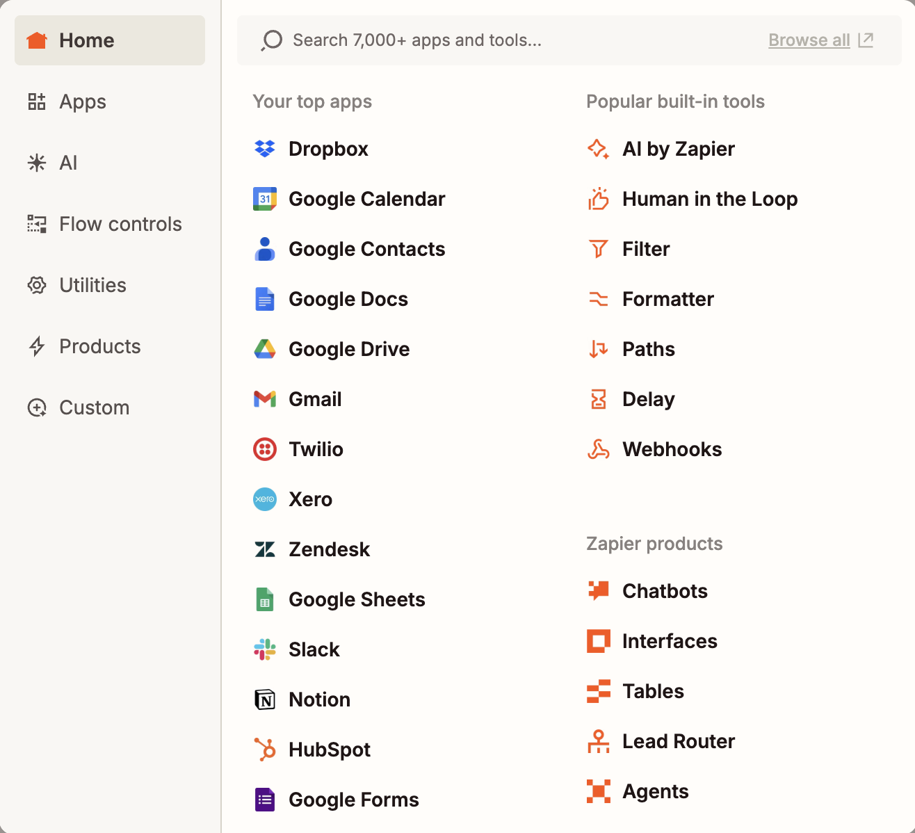 A window with a list of Zapier integrations
