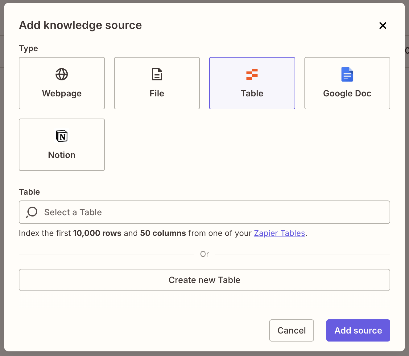 Screenshot of add table panel