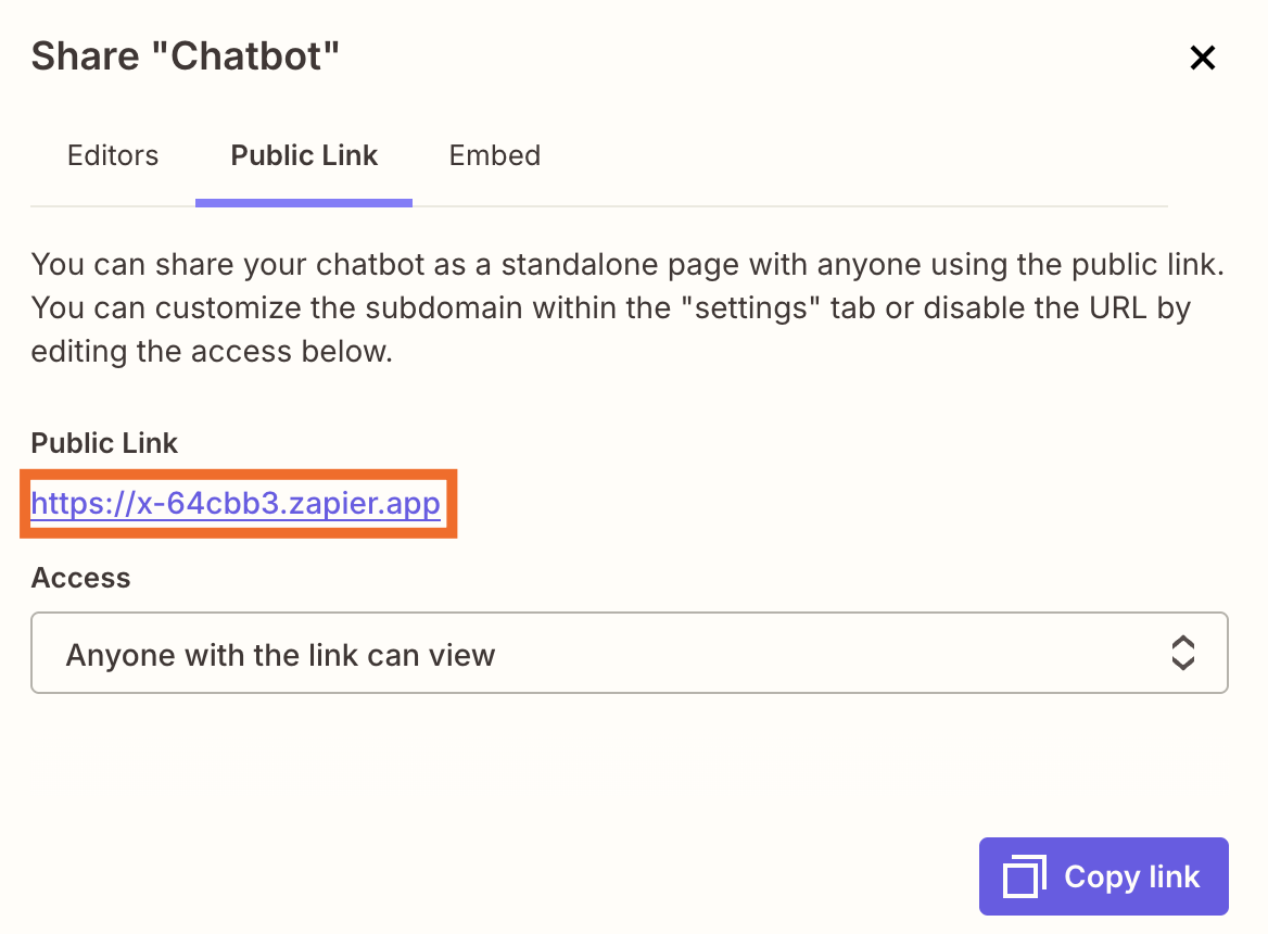 A window that shows options for sharing your Zapier chatbot