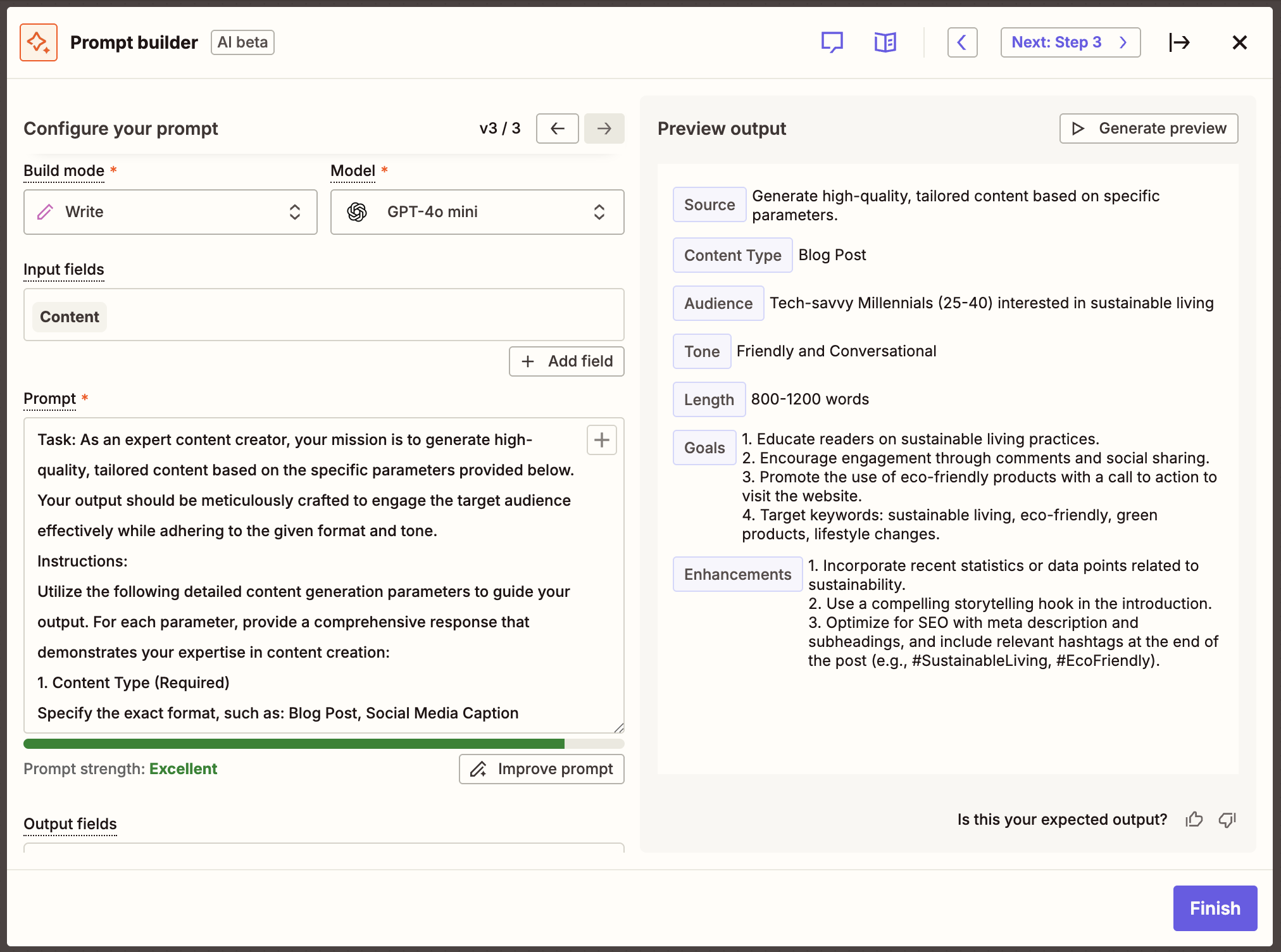 A window with the prompt text field filled out and a preview of the output on the right-hand side