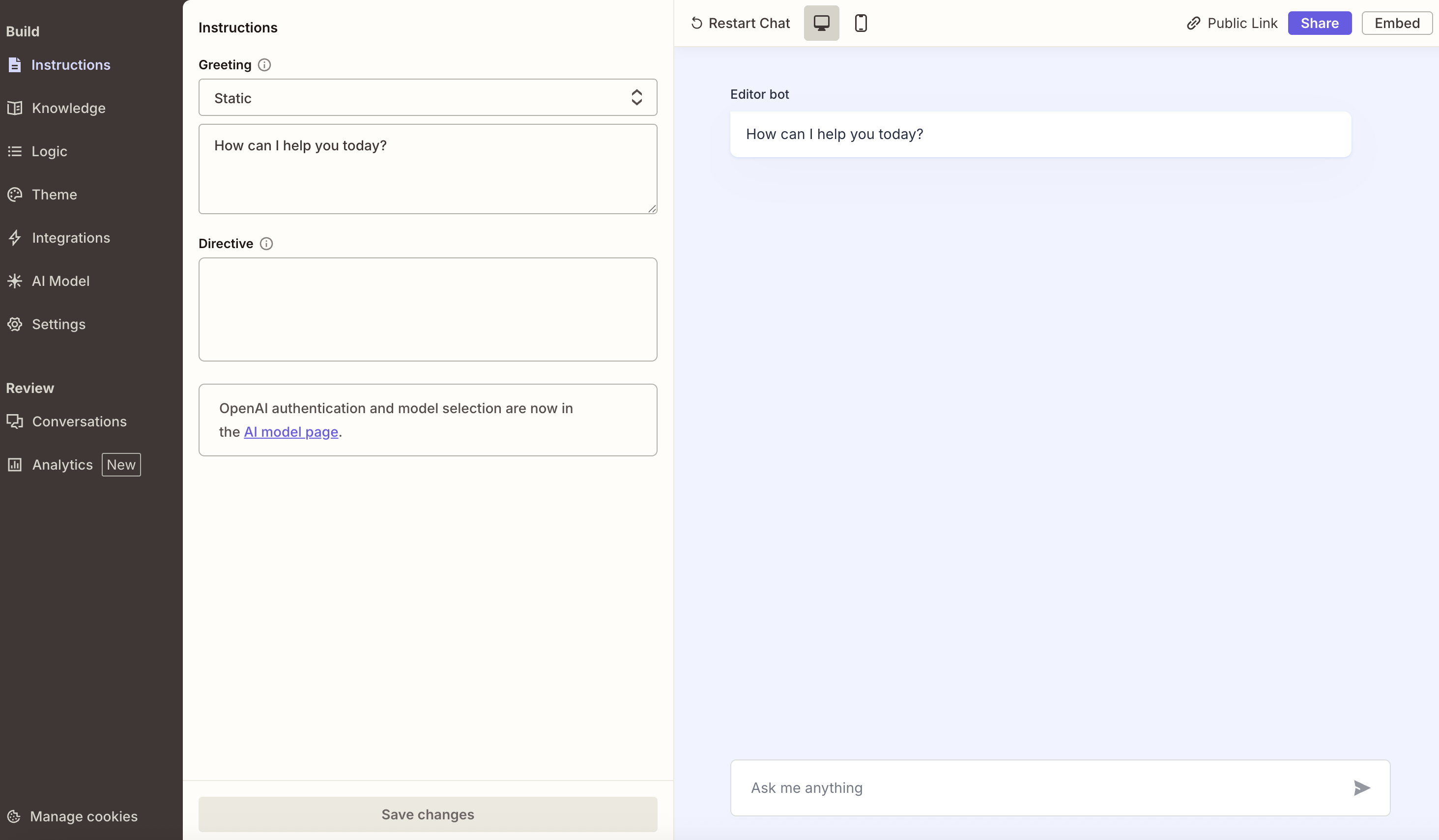 Screenshot of chatbot backend